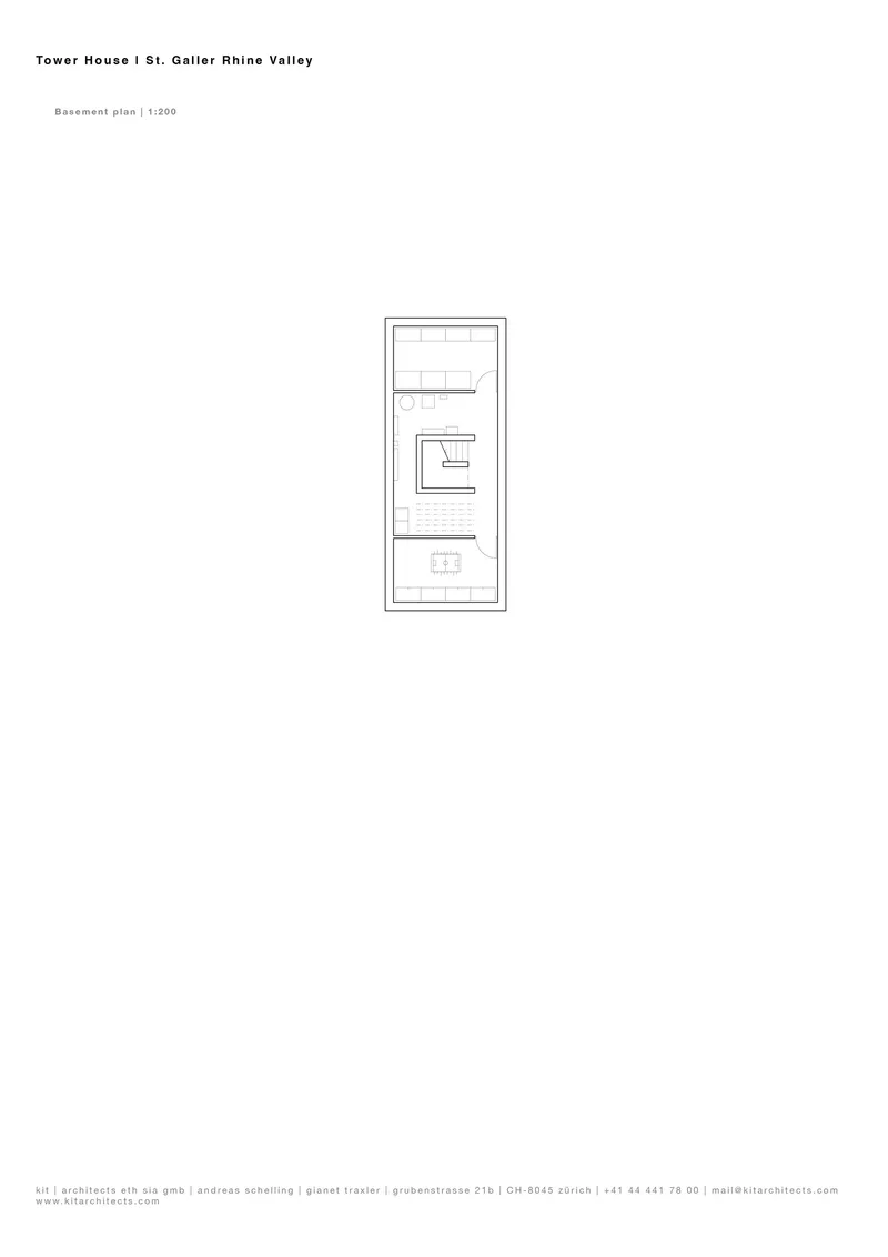 Basement floor plan drawing showing a narrow rectangular layout with staircase and divided rooms