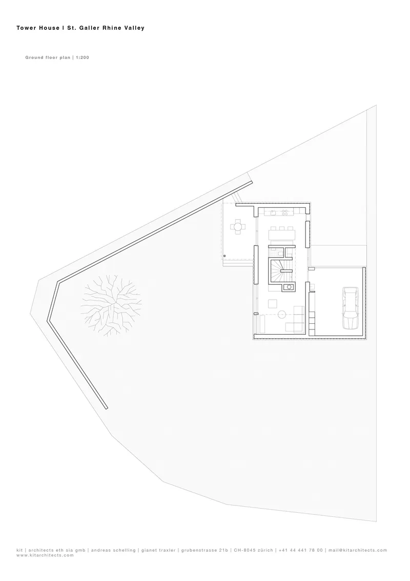Ground floor plan drawing with angled terrace, tree symbol, and compact interior room arrangement
