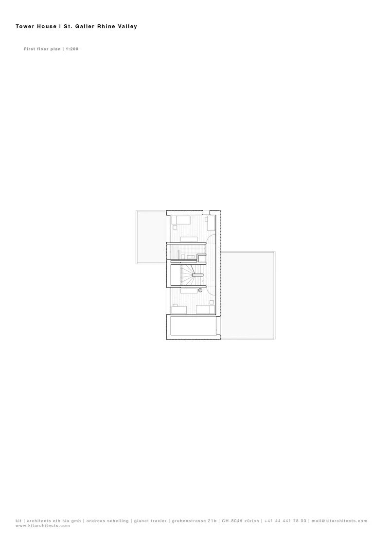 First floor plan drawing showing a narrow linear layout with stairs and adjacent terrace