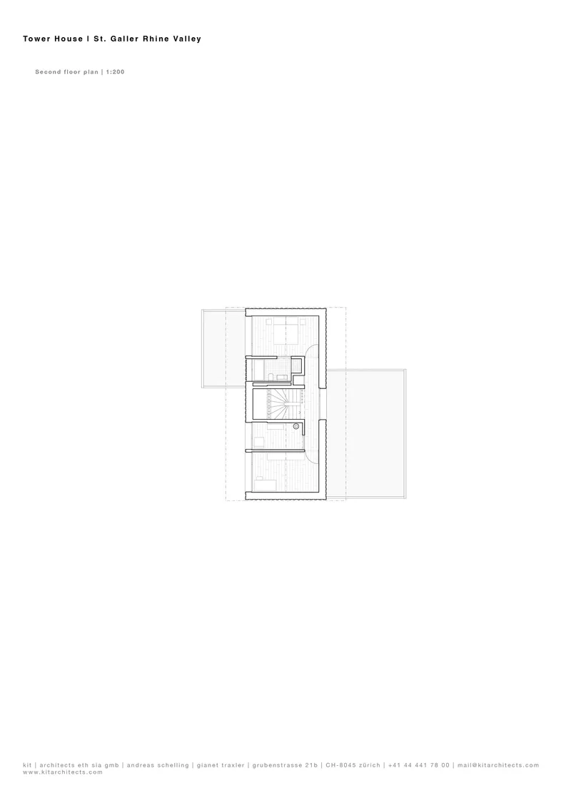 Second floor plan drawing depicting a compact arrangement of rooms with a central staircase
