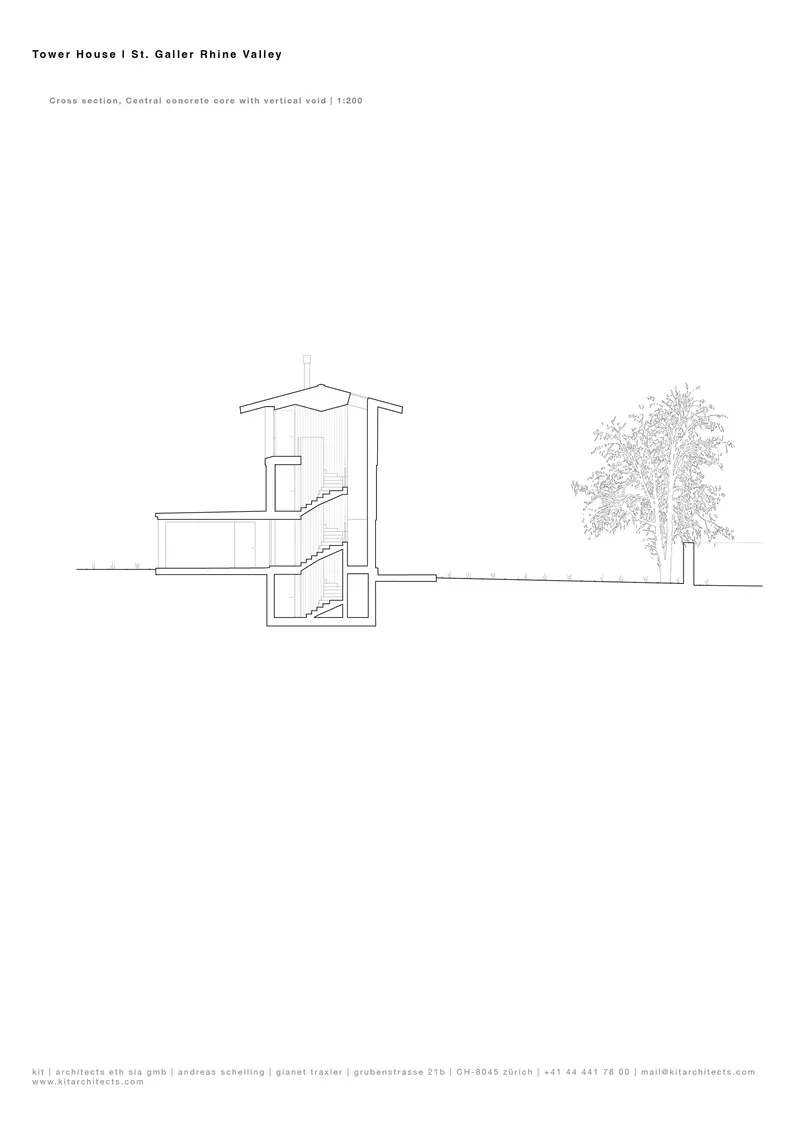 Cross section drawing through the concrete core showing vertical void and adjacent trees