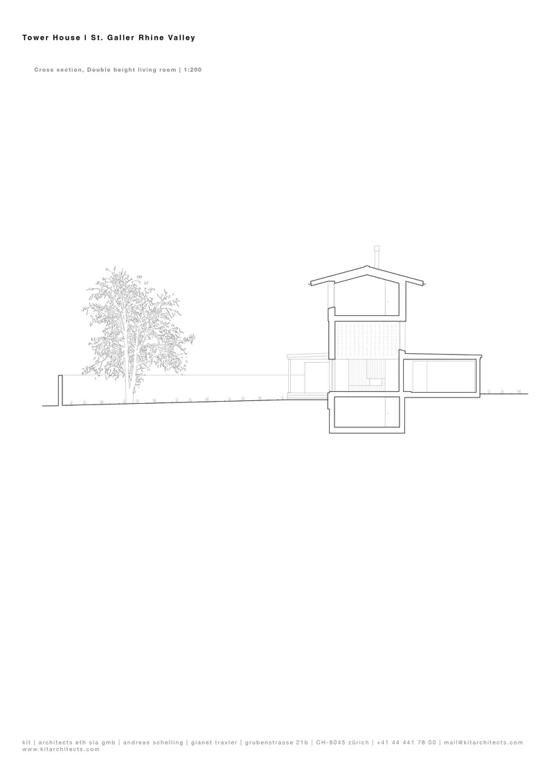 Cross section drawing of the tower house showing double height living room and tree