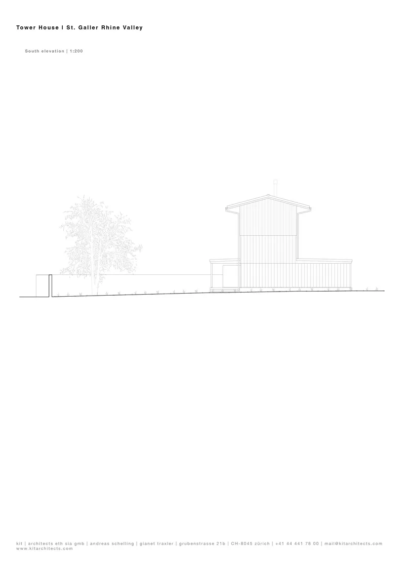 South elevation drawing showing the pitched roof form with vertical siding and tree