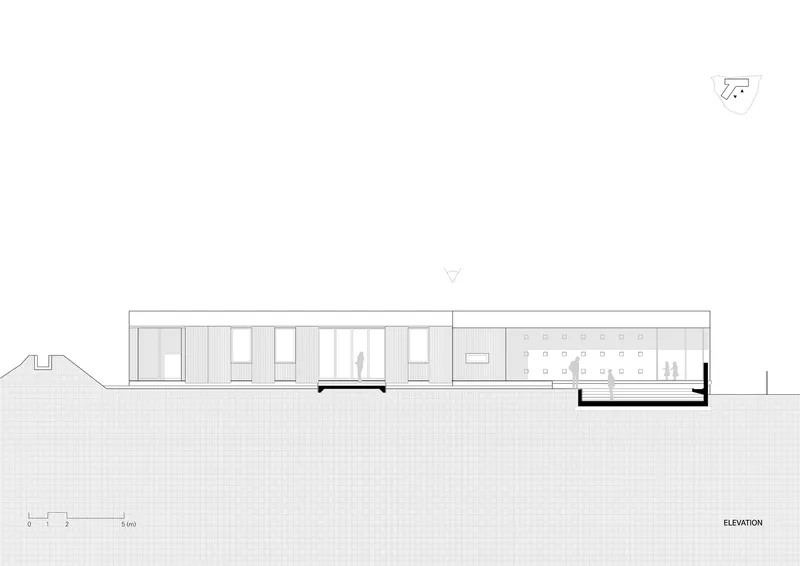 Elevation drawing depicting vertical paneling and window openings with silhouetted figures inside