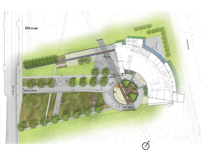 Rendered site plan showing the curved building footprint with landscaped entry court and circular turntable lounge area