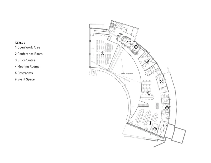 Second level floor plan showing the curved arc with open work area and event space overlooking central atrium