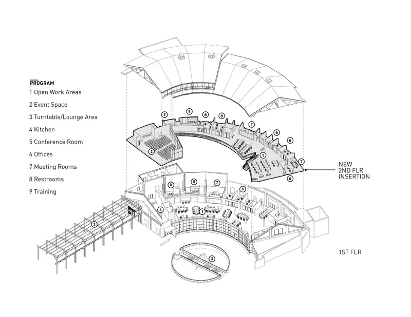 Axonometric drawing showing two curved floors stacked with programmed spaces wrapping around the central circular core