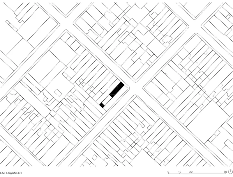 Site plan drawing showing the building footprint within surrounding urban street grid