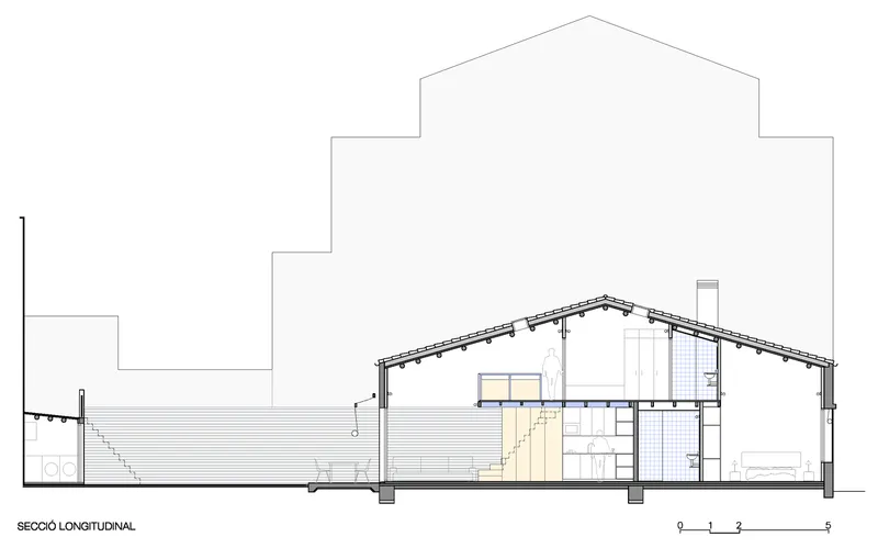 Longitudinal section drawing showing the pitched roof structure over interior spaces and stairwell