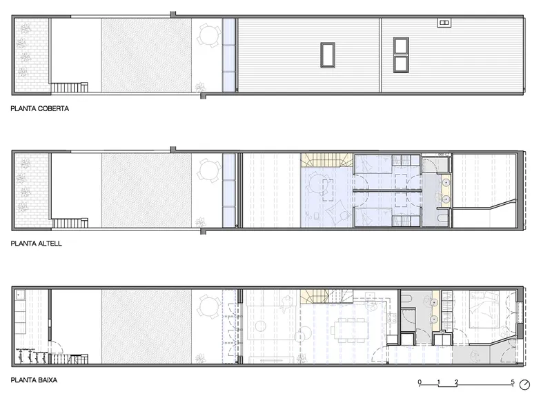 Floor plan drawings at three levels showing the narrow linear layout with courtyard and staircase