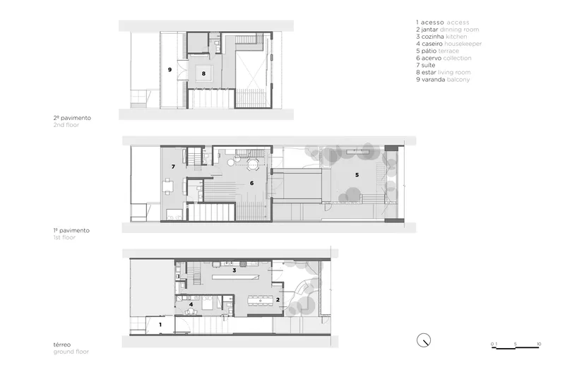 Floor plan drawing showing three levels of a narrow residential layout with central staircase