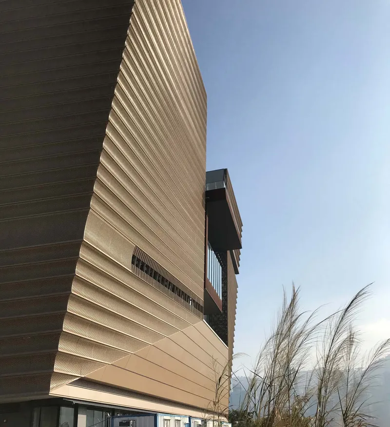 Corner detail of layered horizontal facade with ornamental grasses in the foreground at dusk