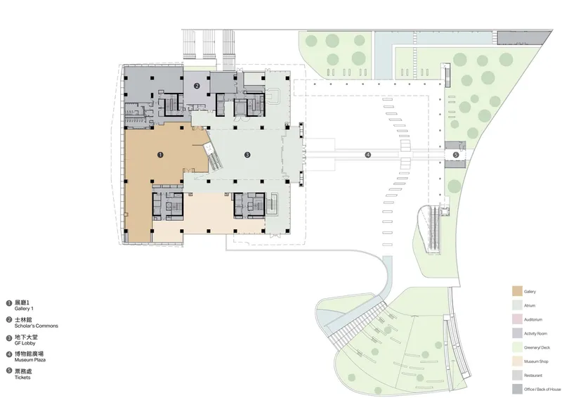 Floor plan drawing showing gallery spaces, atrium void and exterior terraces with plantings