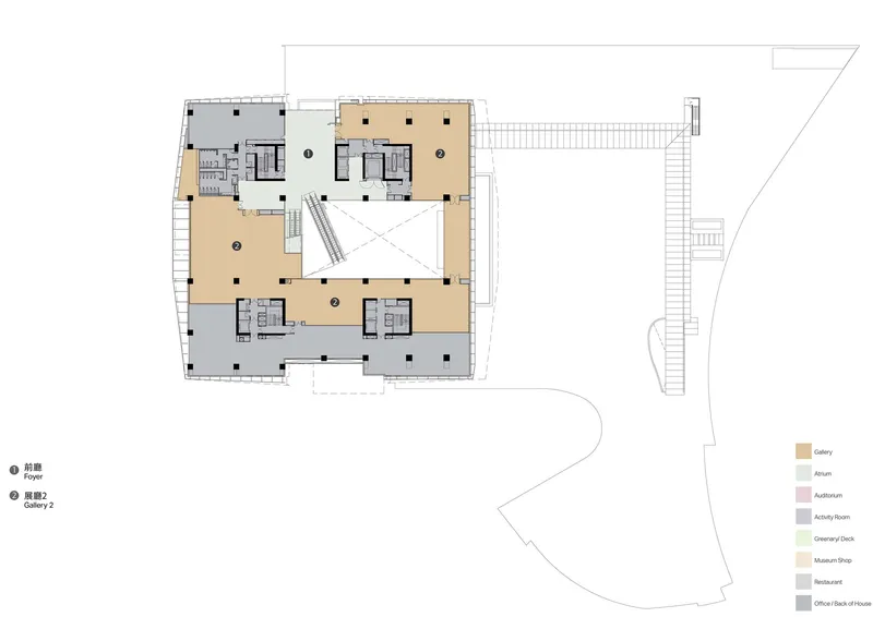 Floor plan drawing showing gallery spaces and core zones surrounding a central atrium with diagonal crossing