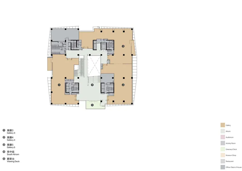 Floor plan drawing showing symmetrical gallery wings flanking a central atrium with stair and elevator cores