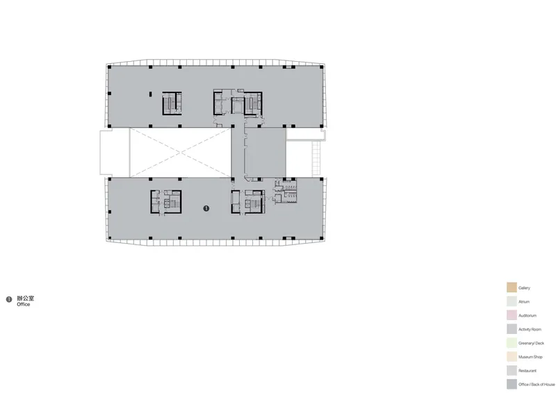 Floor plan drawing showing office level with open workspace and central void over atrium below