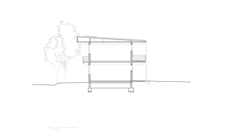 Section drawing showing a two-story timber structure with exposed columns and a tree beside it