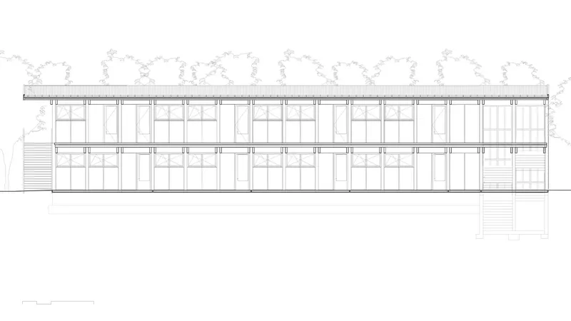 Elevation drawing showing a two-storey linear volume with a grid of window openings and vegetation above
