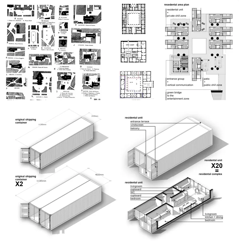 Modular residential units reinterpret shipping containers into contemporary co-living architecture.