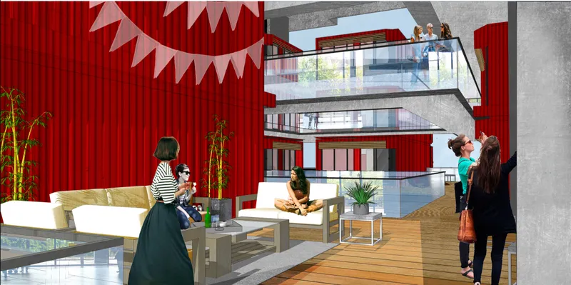 Interior communal spaces transform industrial structures into vibrant human-centered environments.