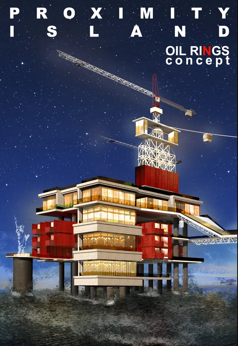 Reimagining offshore oil rigs as futuristic floating communities through adaptive reuse architecture.