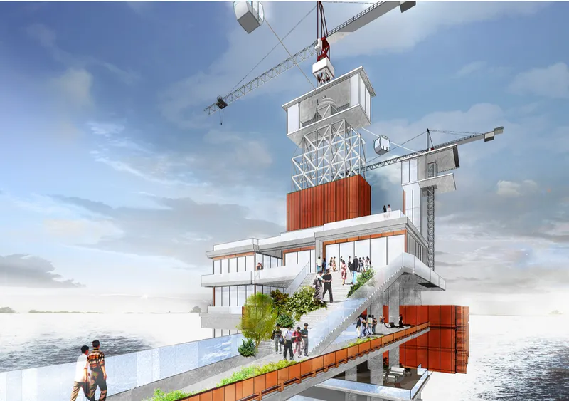 Public circulation bridges and elevated platforms create a new social experience above the sea.