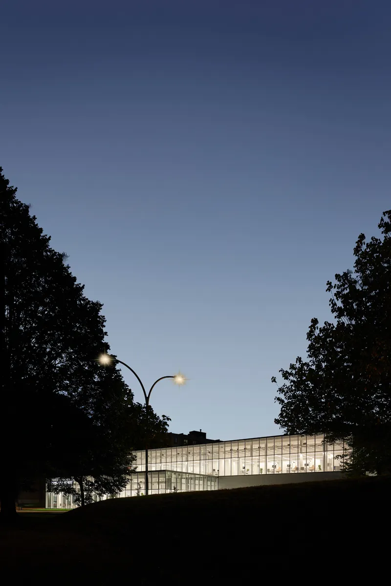 Illuminated glass volume seen at dusk between silhouetted trees and a streetlamp