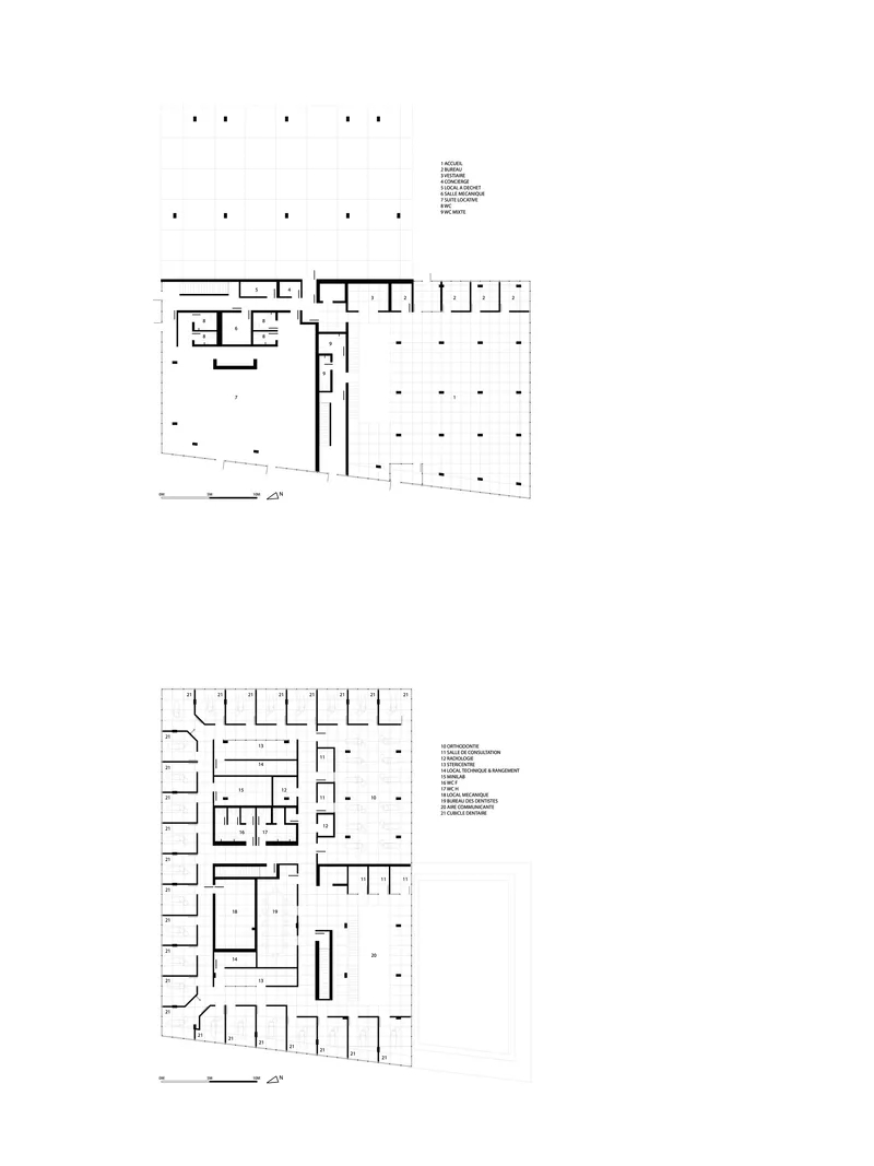 Floor plan drawings showing two levels with enclosed rooms along one edge and open space on the other