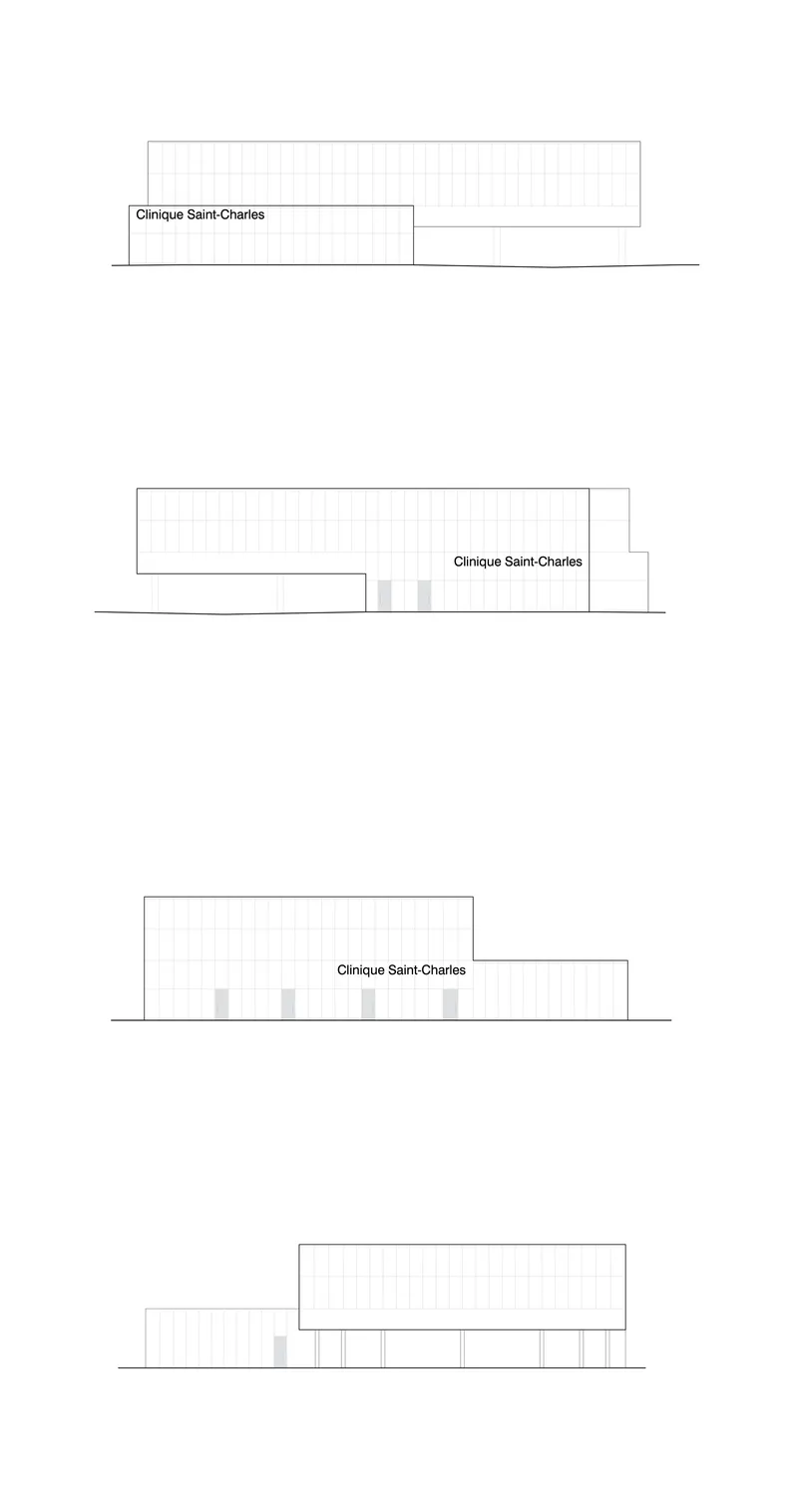 Elevation drawings showing four views of a low-rise building with gridded facade and recessed entrance