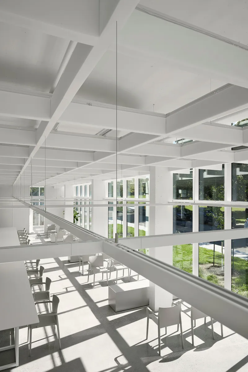 Double-height interior with exposed coffered ceiling beams and glass-railed mezzanine overlooking the sunlit workspace below