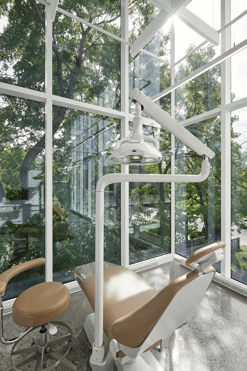 Dental chair and lamp framed by white steel structure with full-height glass wall facing green trees
