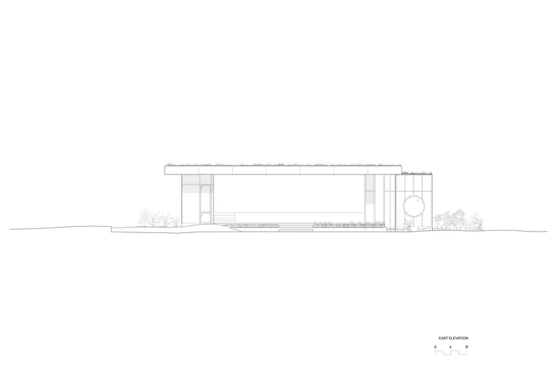East elevation drawing showing a horizontal volume with flat roof and vertical circulation tower with circular element