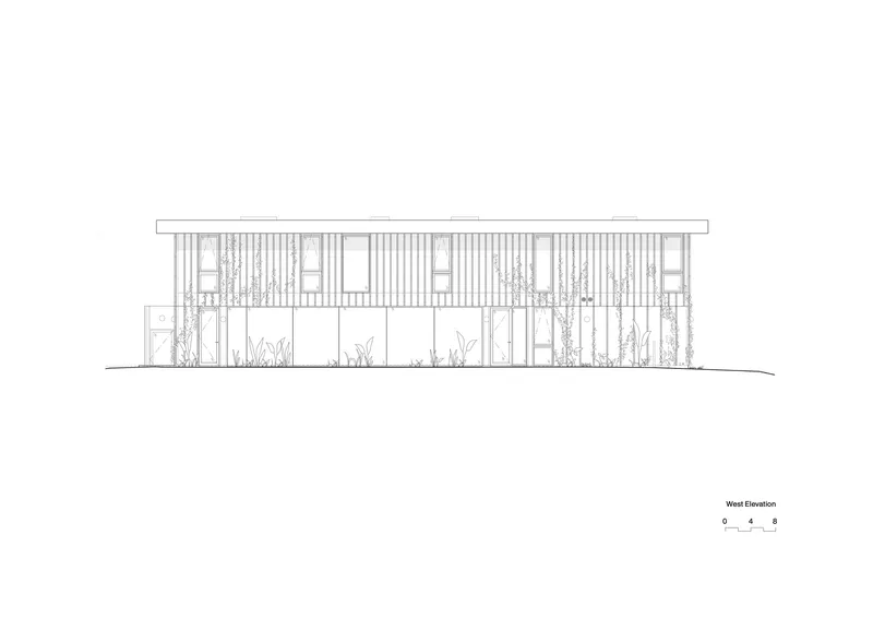West elevation drawing depicting a facade with vertical timber slats and planted vegetation between solid panels