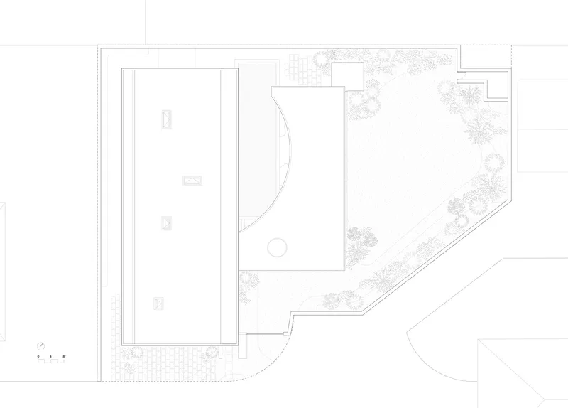 Site plan drawing showing the building footprint with pool and landscaped perimeter planting