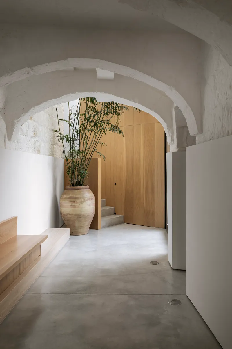 Vaulted entry passage with pale stone floor leading past a terracotta planter toward timber stair doors