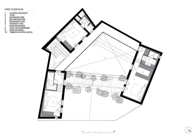 First floor plan drawing showing bedrooms, walkway and timber stepped deck with planted edge