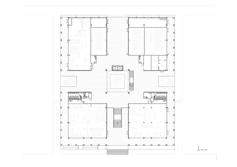 Ground floor plan drawing showing four rectangular volumes arranged around a central courtyard