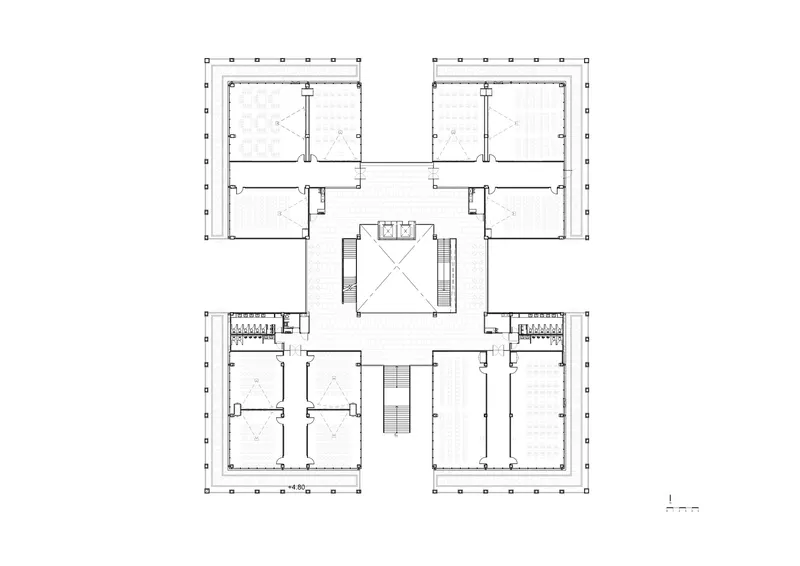Upper floor plan drawing showing wing layouts with central stair and void