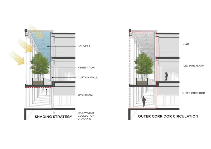 Building section drawings illustrating vertical circulation through multilevel corridors with planted trees and louvers