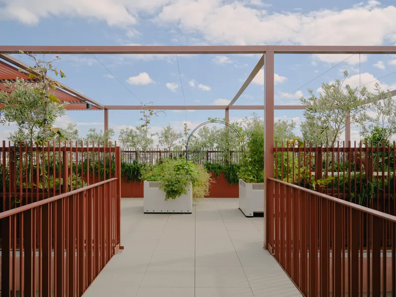 Rooftop terrace with vertical slat screens and planted beds under a steel frame pergola