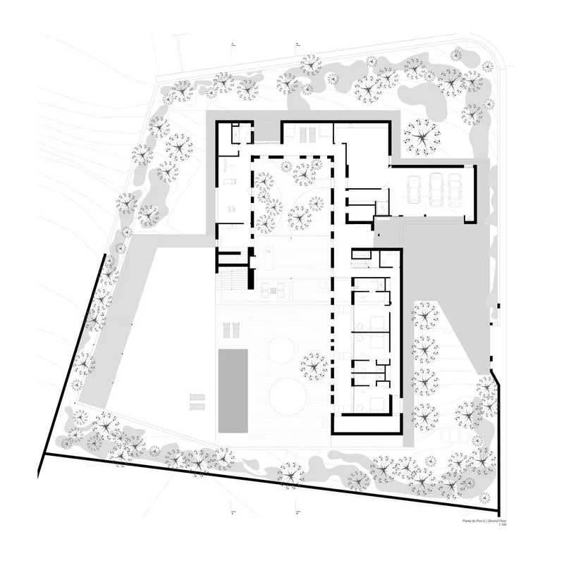 Ground floor plan drawing showing interior rooms and central courtyard with landscaping