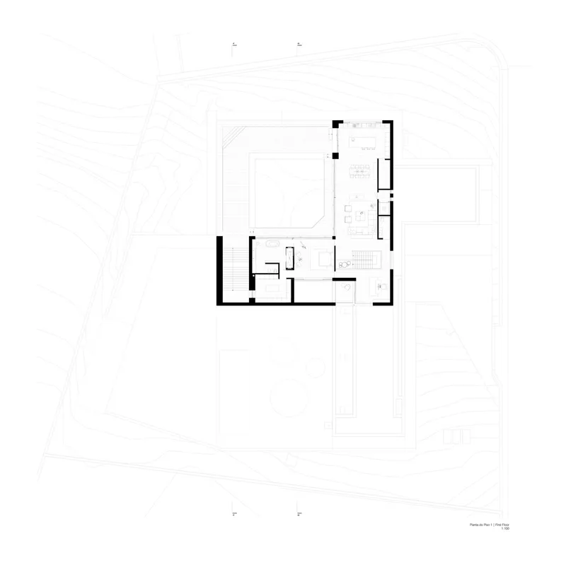 Upper floor plan drawing showing bedroom and bathroom layout with entry stair