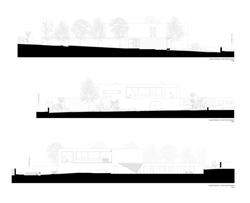 Elevation drawings showing the building massing in relation to surrounding vegetation and topography