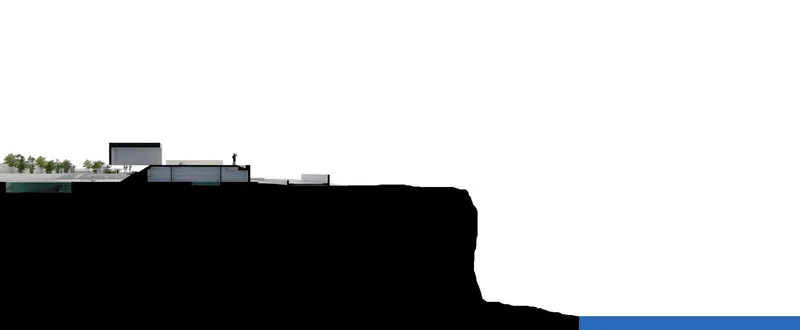 Section drawing showing the structure perched on a cliff edge above water