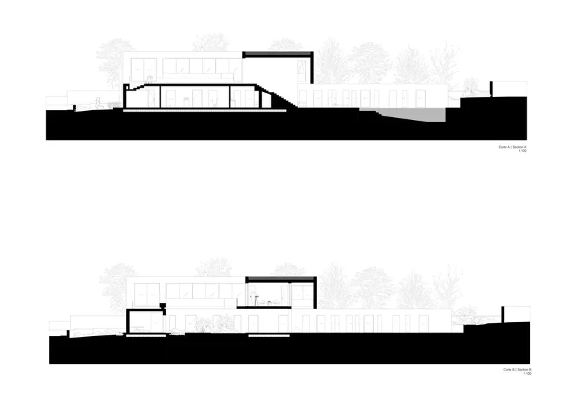 Section drawings showing low-slung volumes with sloping roofs set among trees