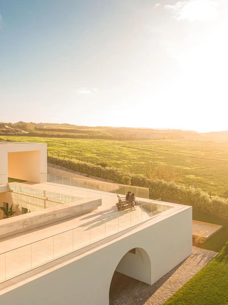 Roof terrace with glass balustrade and person seated in chair overlooking green farmland at golden hour