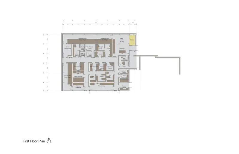 First floor plan drawing illustrating a cluster of rooms with an offset rectangular annex
