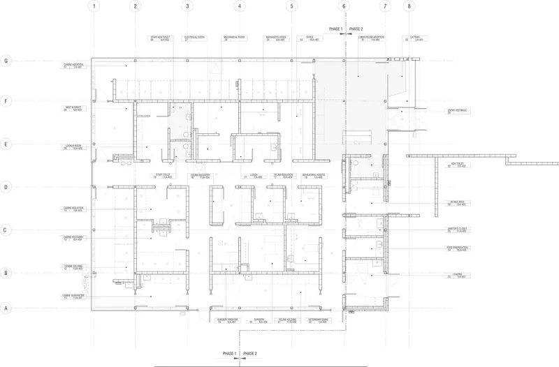 Reflected ceiling plan drawing detailing the grid layout and structural bays of the interior