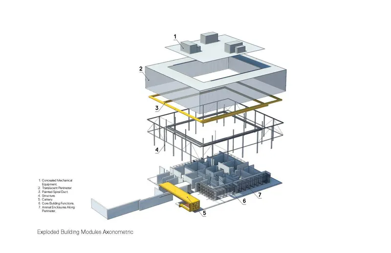 Exploded axonometric drawing showing layered building modules with roof elements, structural frame, and mechanical core