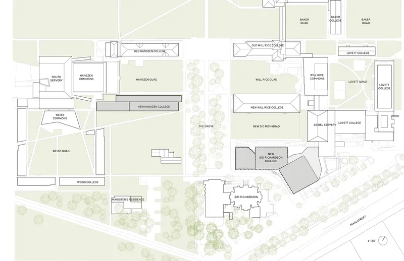 Site plan drawing showing multiple college buildings arranged around quadrangles and a central tree-lined grove